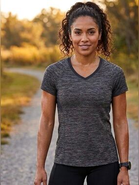 Danskin Now Charcoal Heather Active Tee Pink Trim Workout Top - Size Small